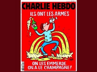 "У них есть оружие... Пошли они... у нас есть шампанское!" (карикатура Charlie Hebdo). Источник - www.diapazon.kz "У них есть оружие... Пошли они... у нас есть шампанское!" (карикатура Charlie Hebdo). Источник - www.diapazon.kz