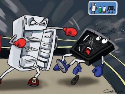 Холодильник побеждает телевизор. Карикатура: mizugadro.mydns.jp Холодильник побеждает телевизор. Карикатура: mizugadro.mydns.jp