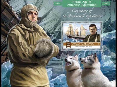 Эрнест Шеклтон. Почтовый блок Мальдивов, Michel №B833 Эрнест Шеклтон. Почтовый блок Мальдивов, Michel №B833
